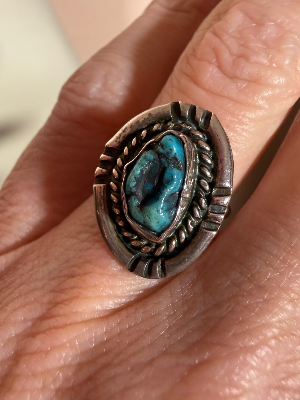 Old pawn Native American Sterling silver turquoise Ring size 4 3/4 Southwestern